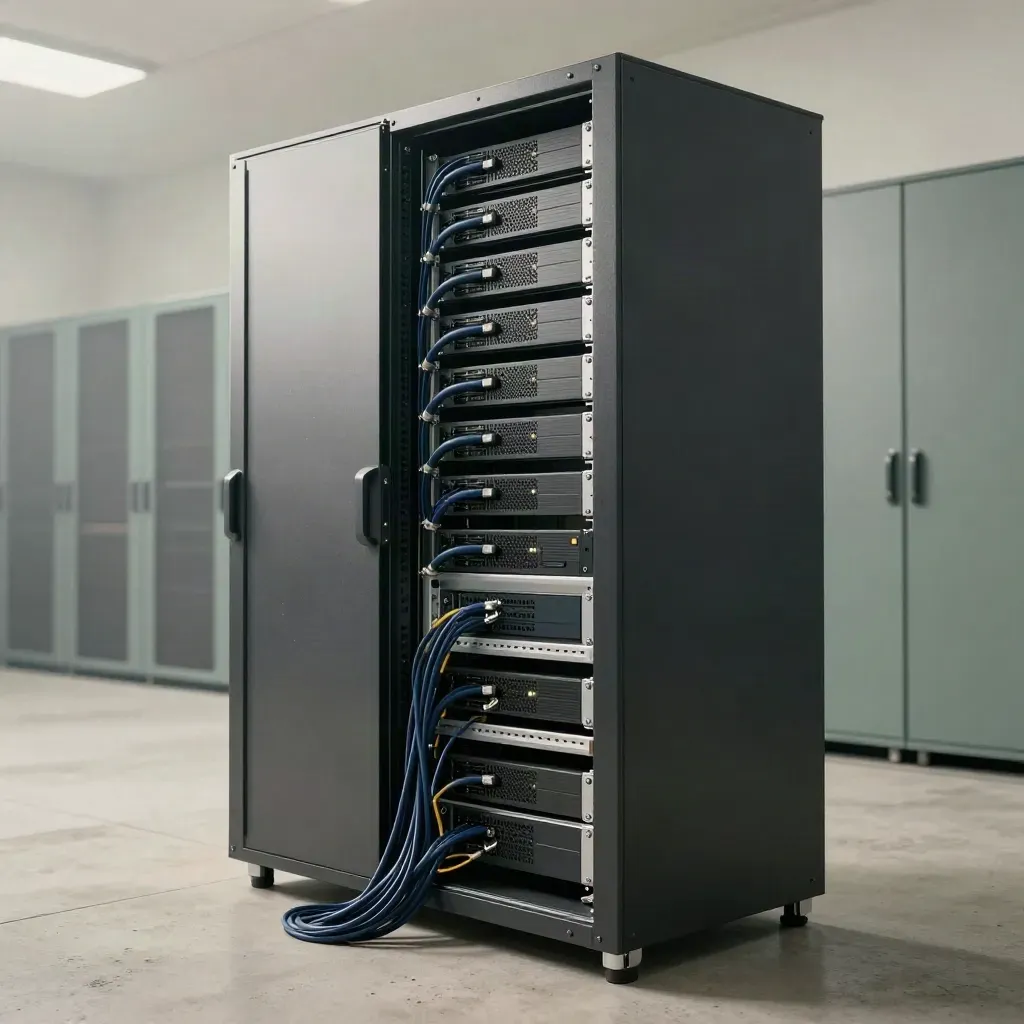 Open serverrack met opslagtrays en kabelbundels in een heldere service-bay, zacht ochtendlicht.
