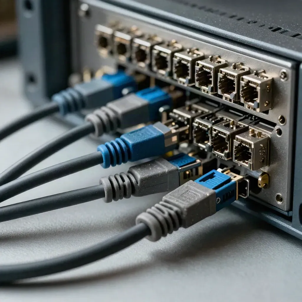 Glasvezelkabels, SFP-modules en een metalen kabelkam op donkere steen, dramatisch belicht.
