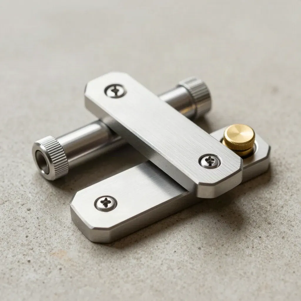 Close-up van aluminium toegangsfobs, cilinders en een messing knop op licht beton.