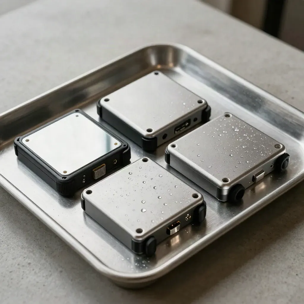 Bovenaanzicht van backup-drivecaddies en SSD-schelpen op een matte metalen tray.