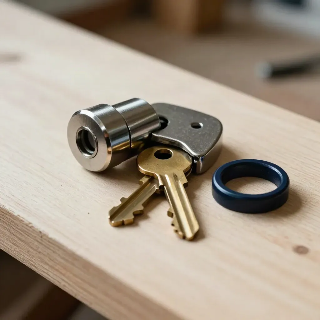 Close-up van sleutels, cilinderkern en deurhardware op licht hout met navy accent.