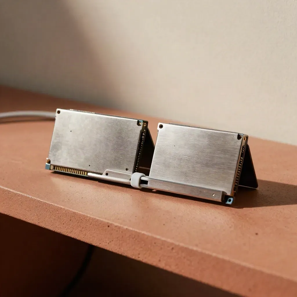 Twee SSD-behuizingen met kabelbrug en siliconen kabelbinders op terracotta beton.