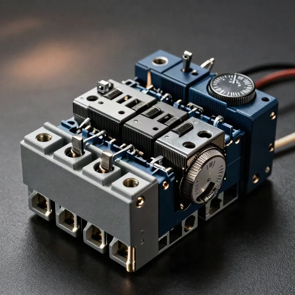 DIN-rail relaismodules en timerswitch op een donkere mat, strak van boven gefotografeerd.