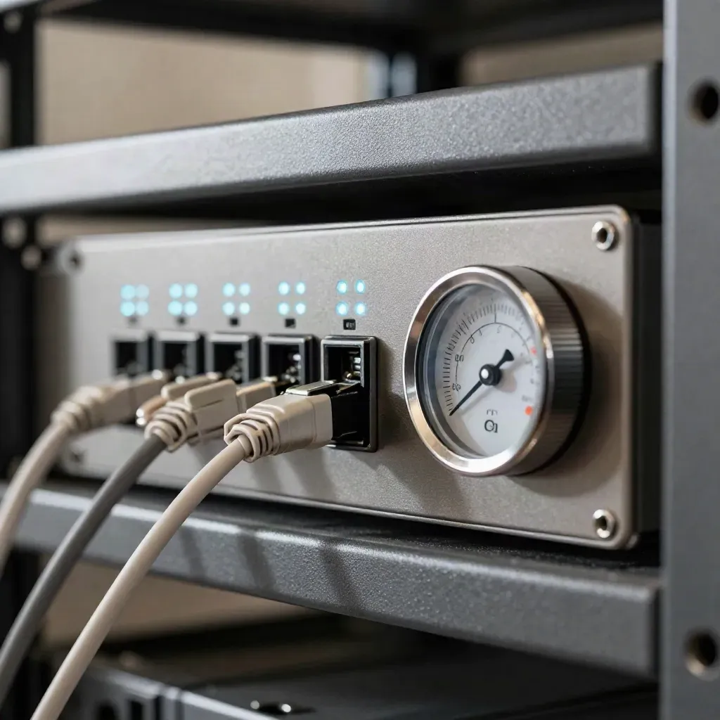 Rackserver-front met PDU en temperatuurmeter op een matte werkbank, in koele macrofotografie.