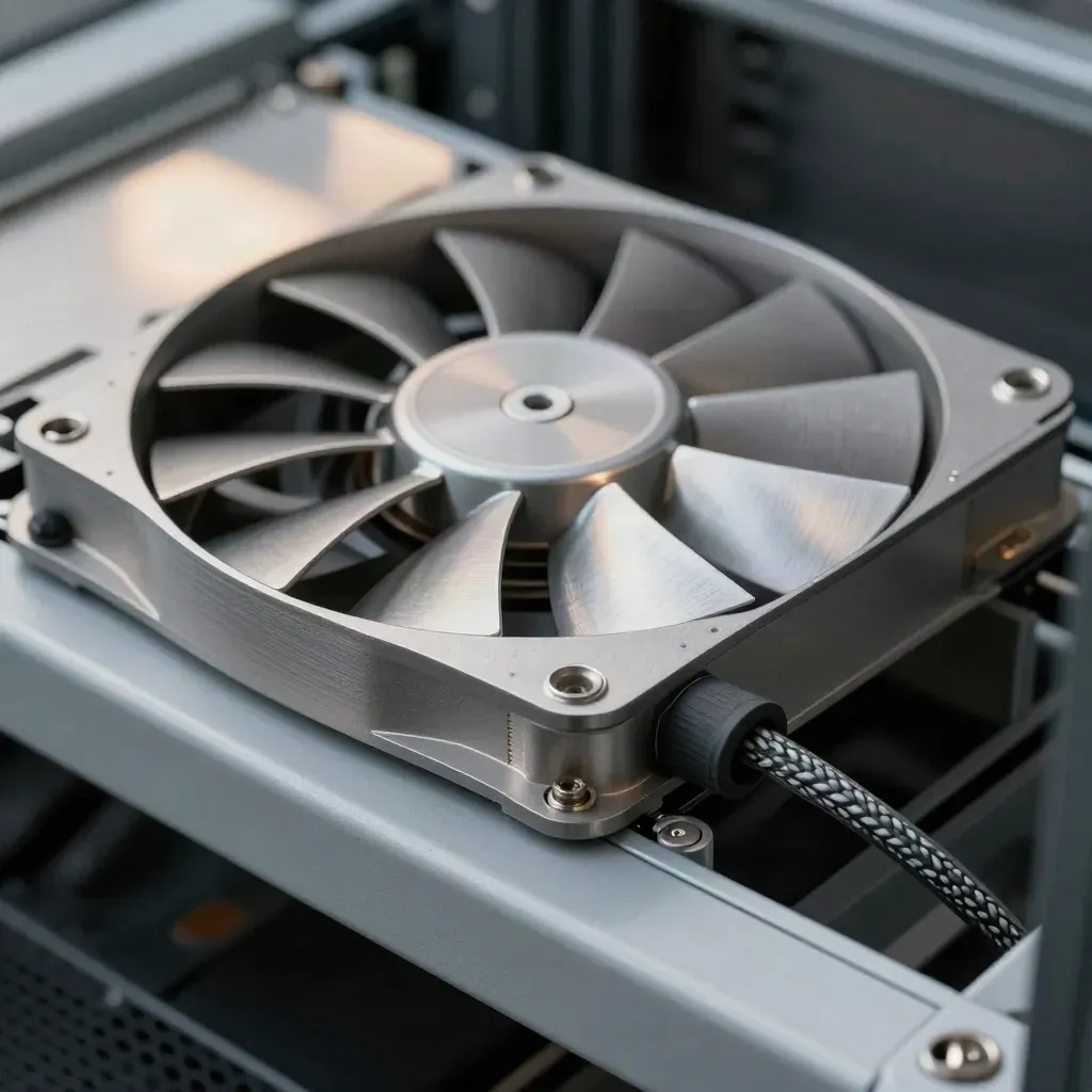 Macro van een rack fan tray met trillingsdempers en statusmodule op een serverrail.