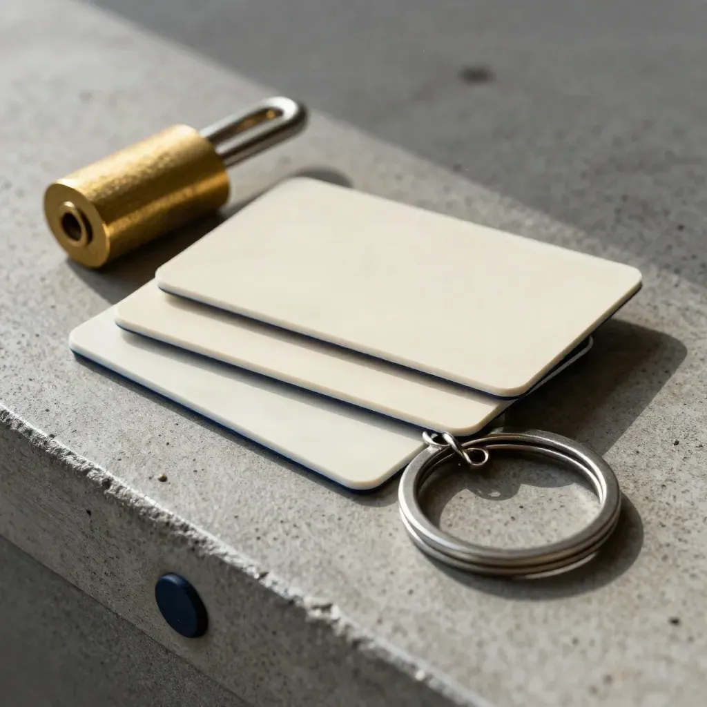 Makro van smartcardblanks, een messing cilinder en metalen sleutelringen op beton.