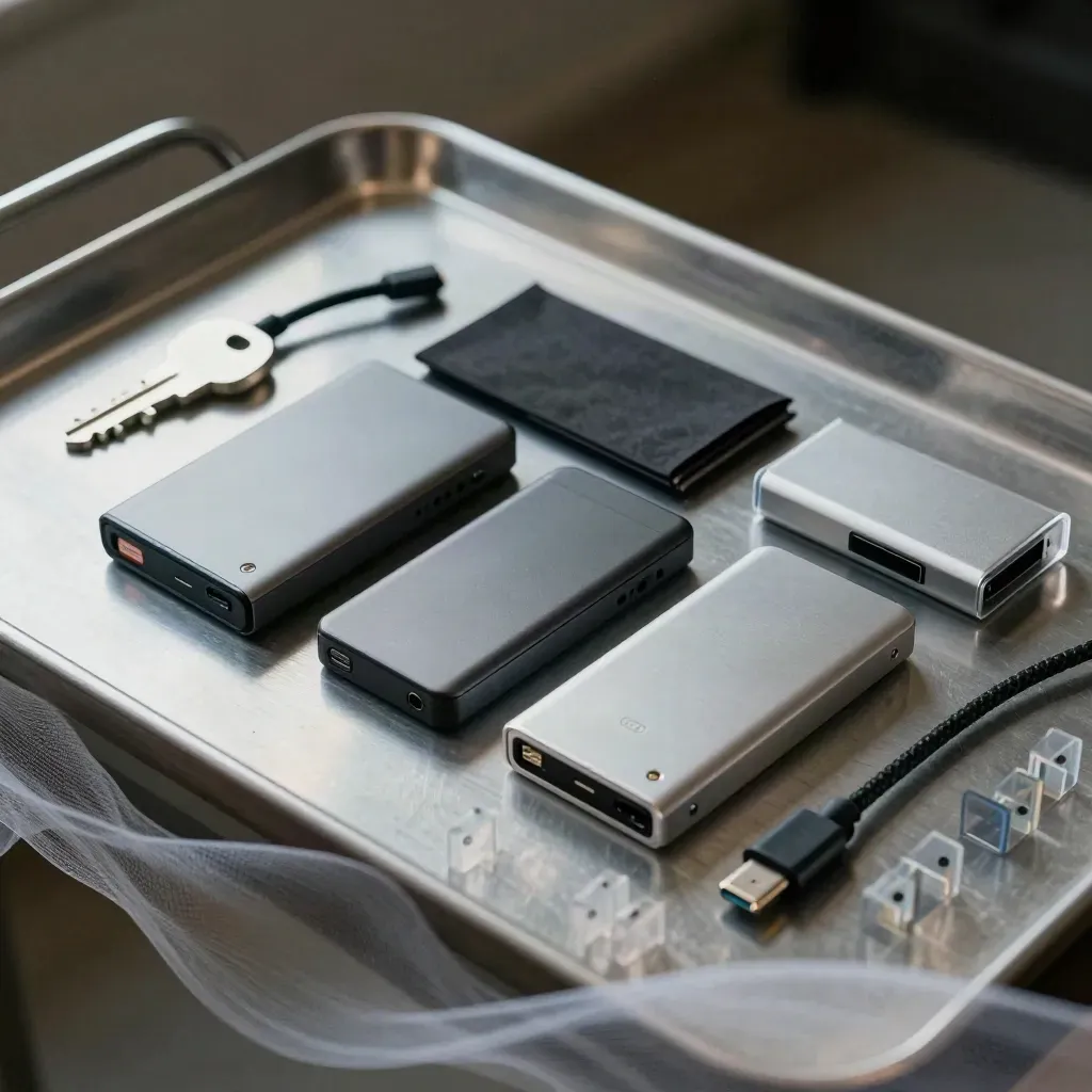 Portabele SSD’s, archieftabs en kaartlezer op geborsteld metaal, van boven gezien