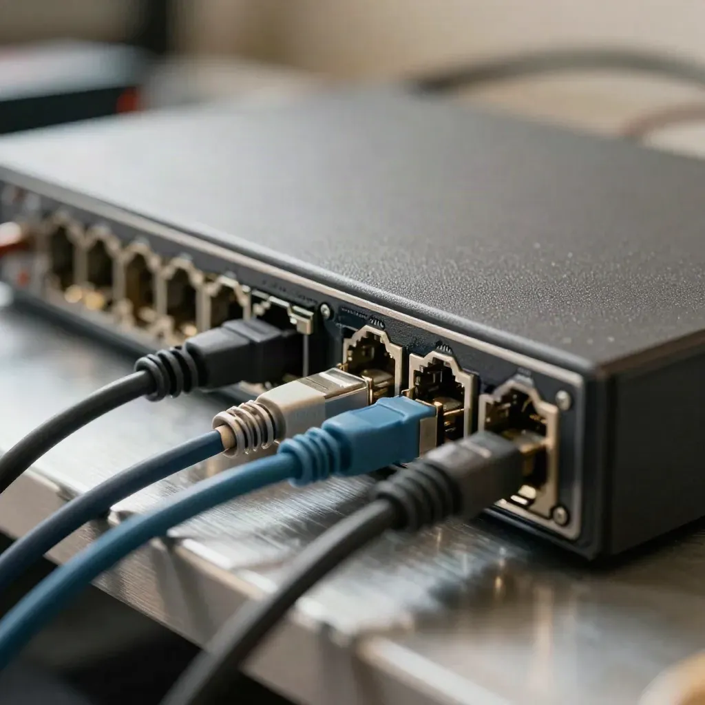 Rack switch, SFP-transceivers en kabeltester op een servicebench, gezien door een blauwe kabelboog.