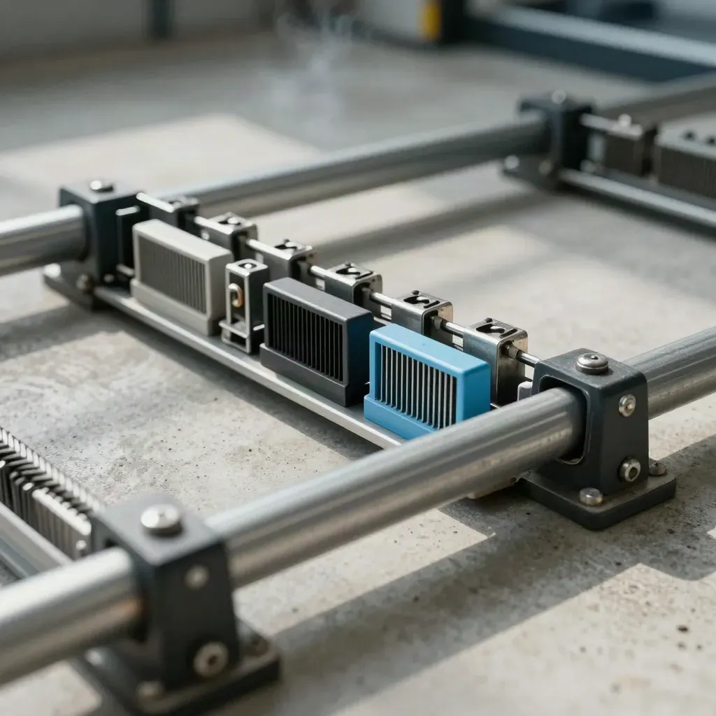 Serverrails en kabelkammen op beton, met sky-blauwe clips en zachte waas.
