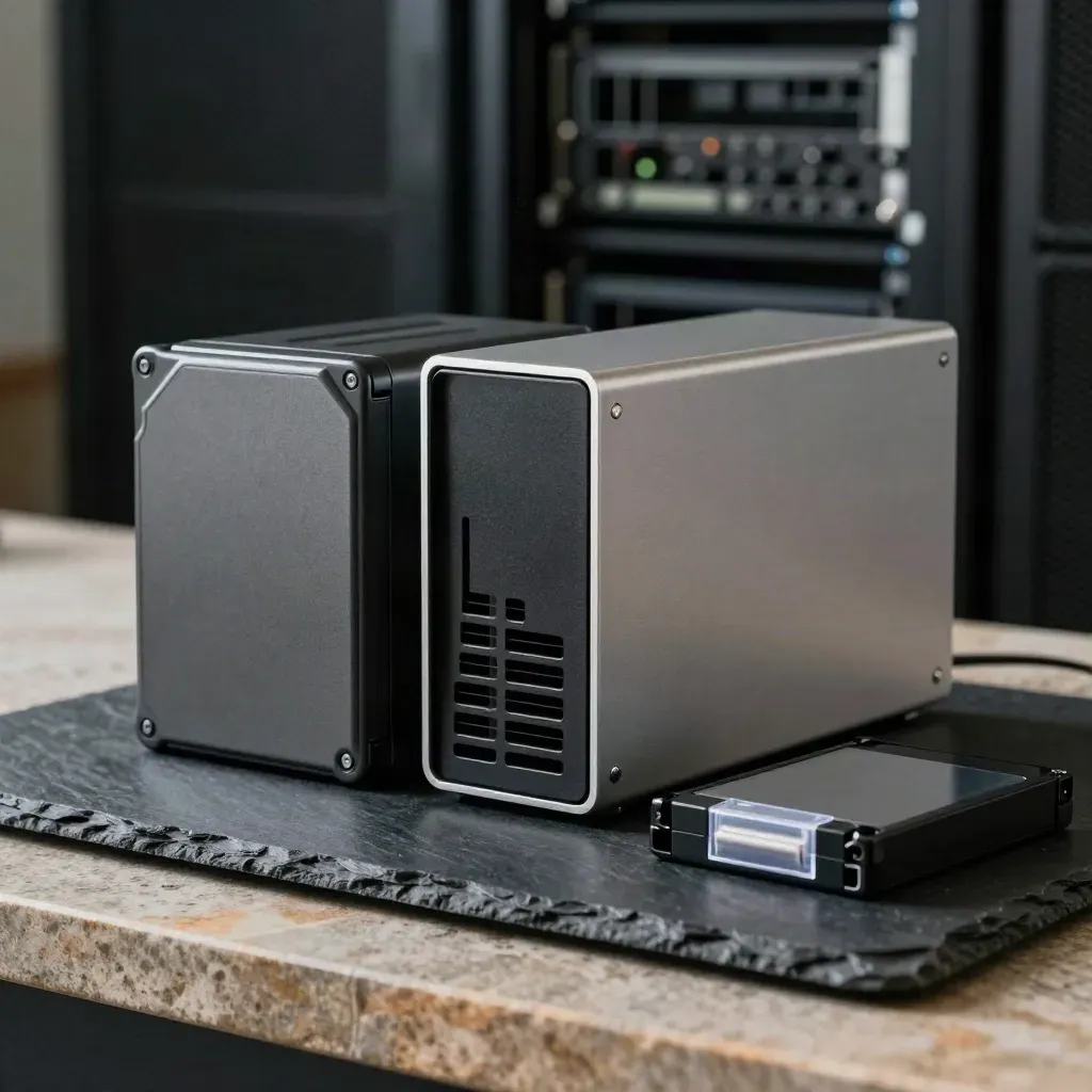 Drie back-upschijven, een NAS en tape-cartridge op donker steen met zacht zijlicht