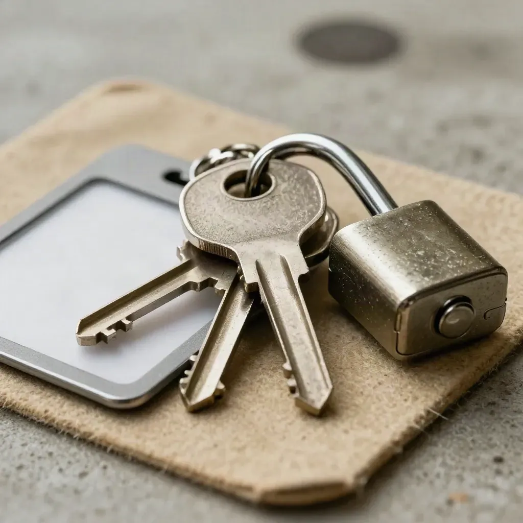 Macro van sleutels, onbedrukte badges en een metalen lockbox op khaki vilt met zachte bokeh.