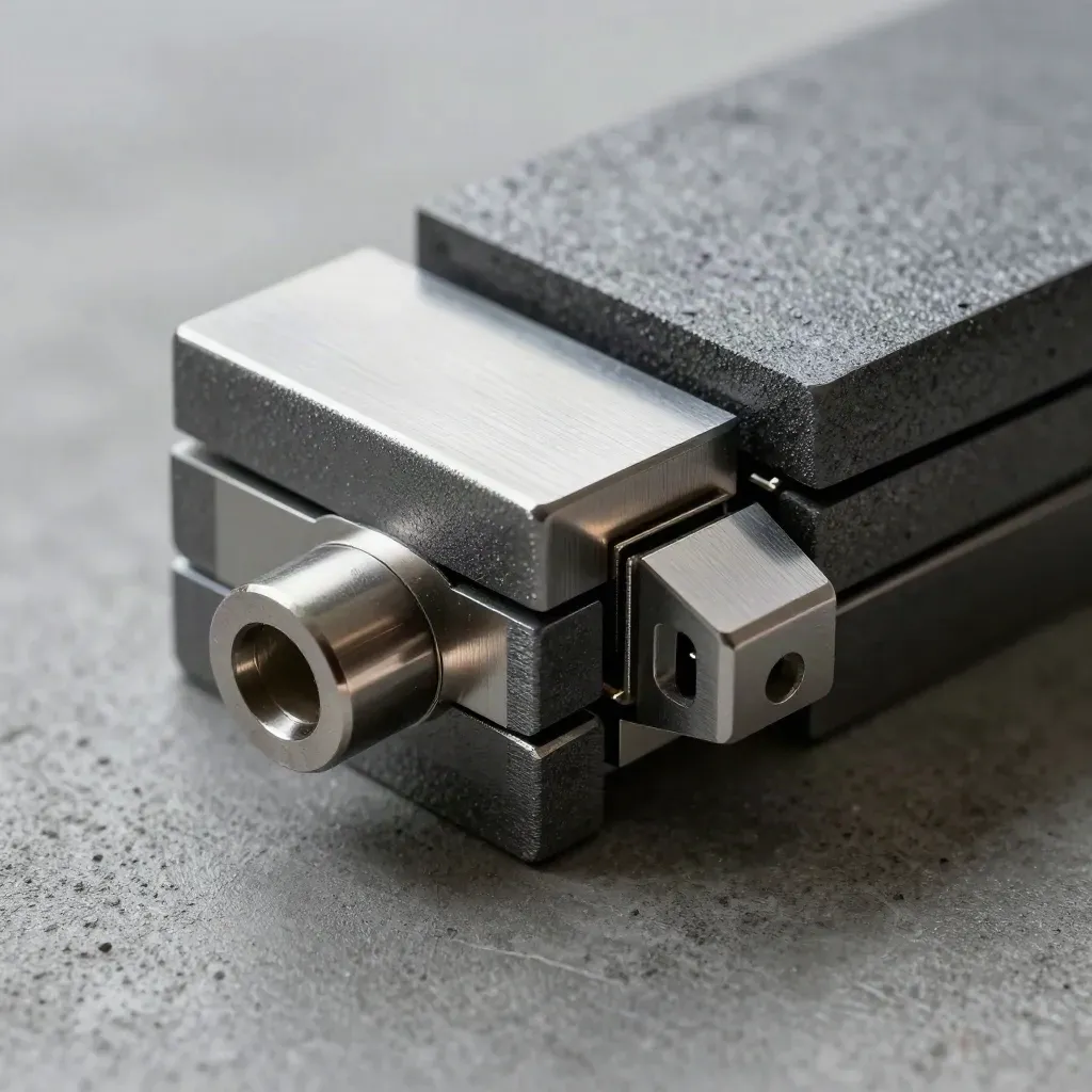 Grafietblokken, een connector en scharnierplaat in close-up op koel beton.