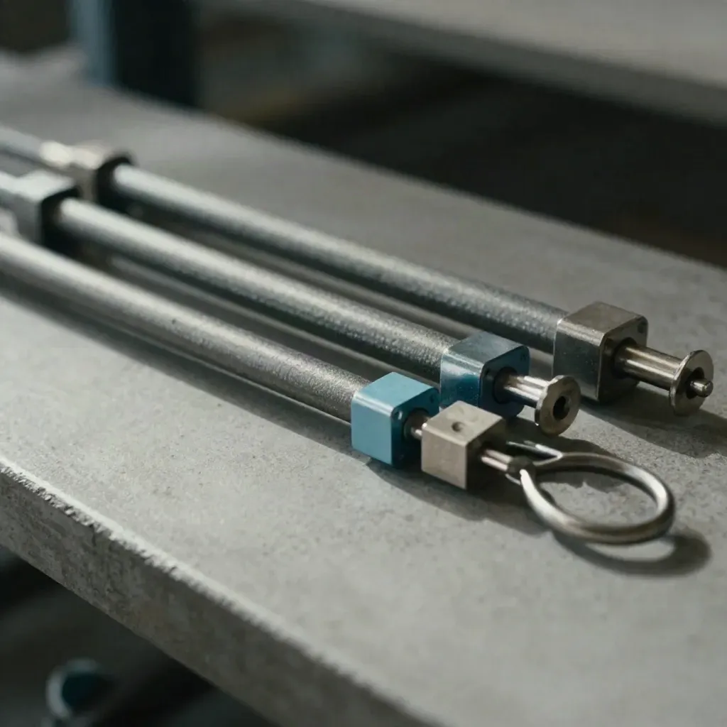 Matte connectorstaven en metalen lus op een koele betonnen serviceplank